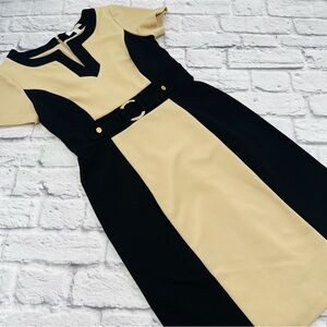 dressbarn Black and Tan Midi Dress Size 4 Fitted Sheath Short Sleeve Party